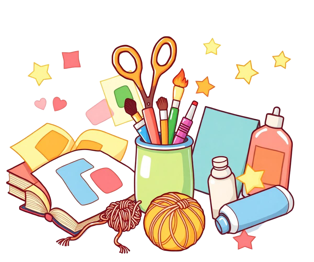 Books, scissors, paintbrushes, yarn and craft supplies arranged playfully