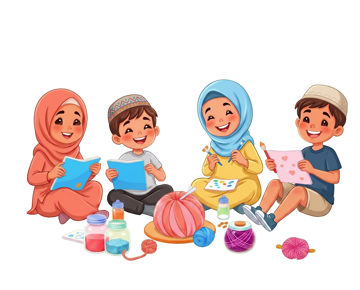 Illustrated Muslim boys and girls joyfully doing arts and crafts together